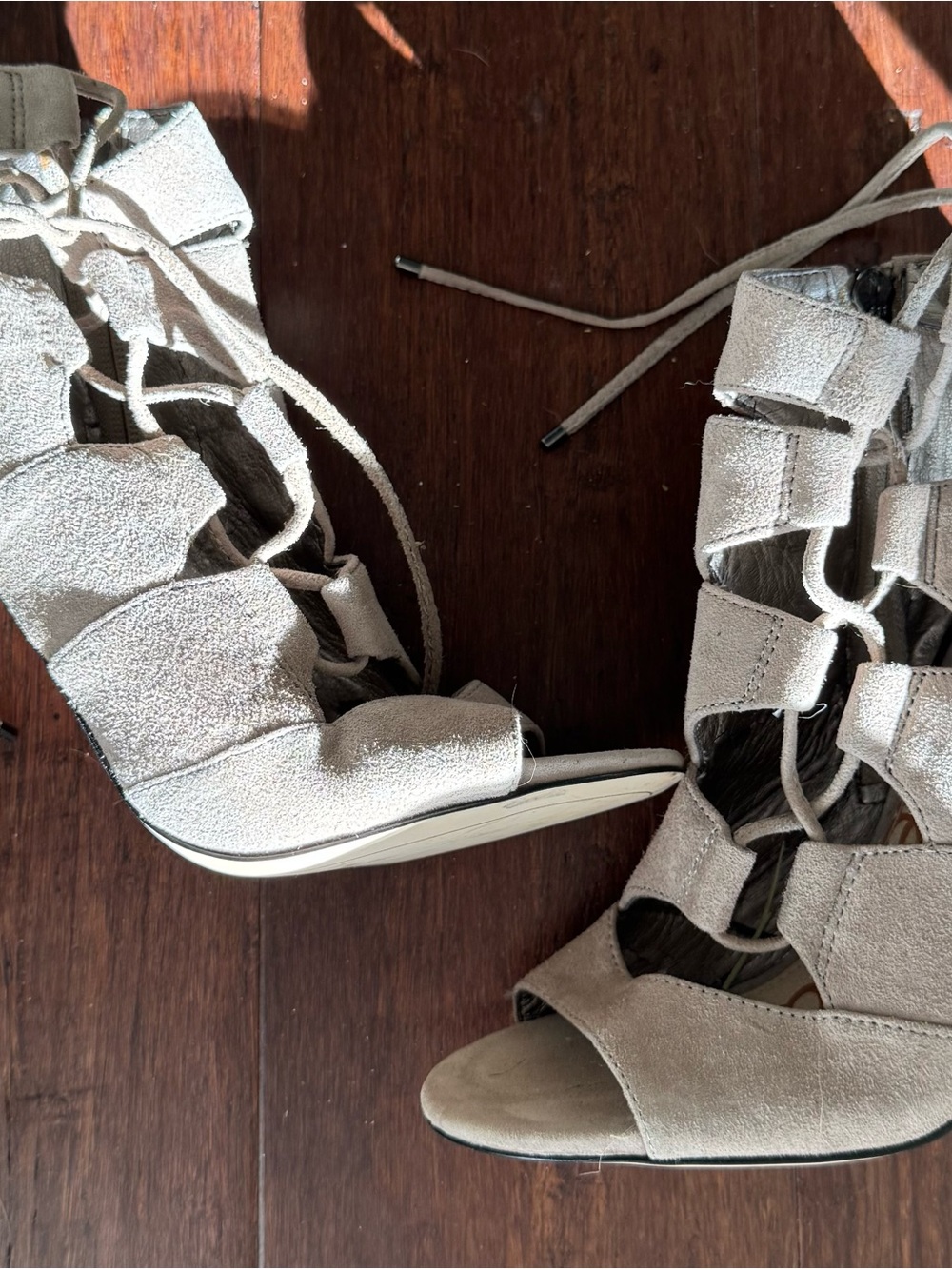 Sam Edelman Light Taupe Suede Lace-Up Peep-Toe Heels